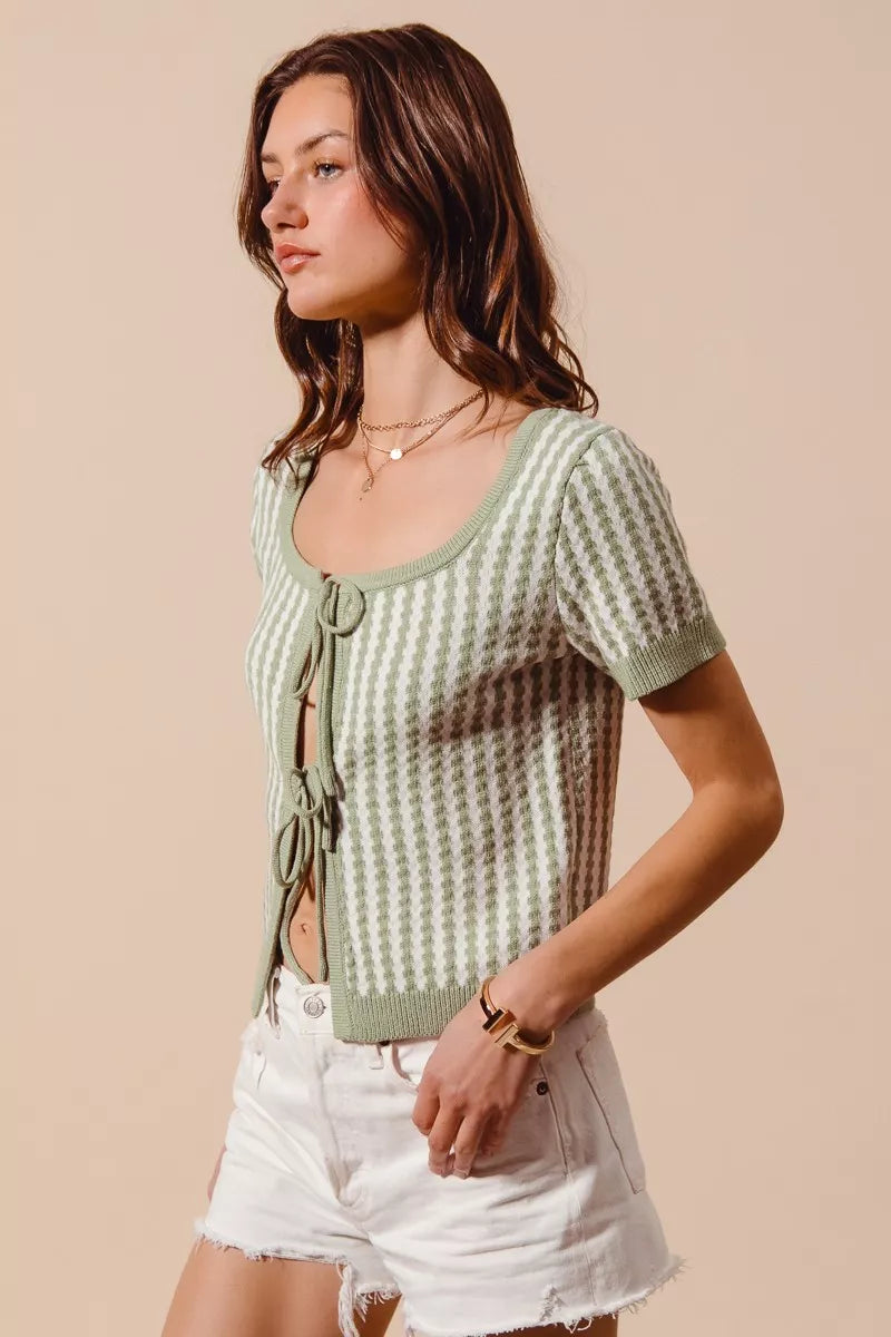 SO ME Tie Front Textured Vertical Stripe Knit Cardigan