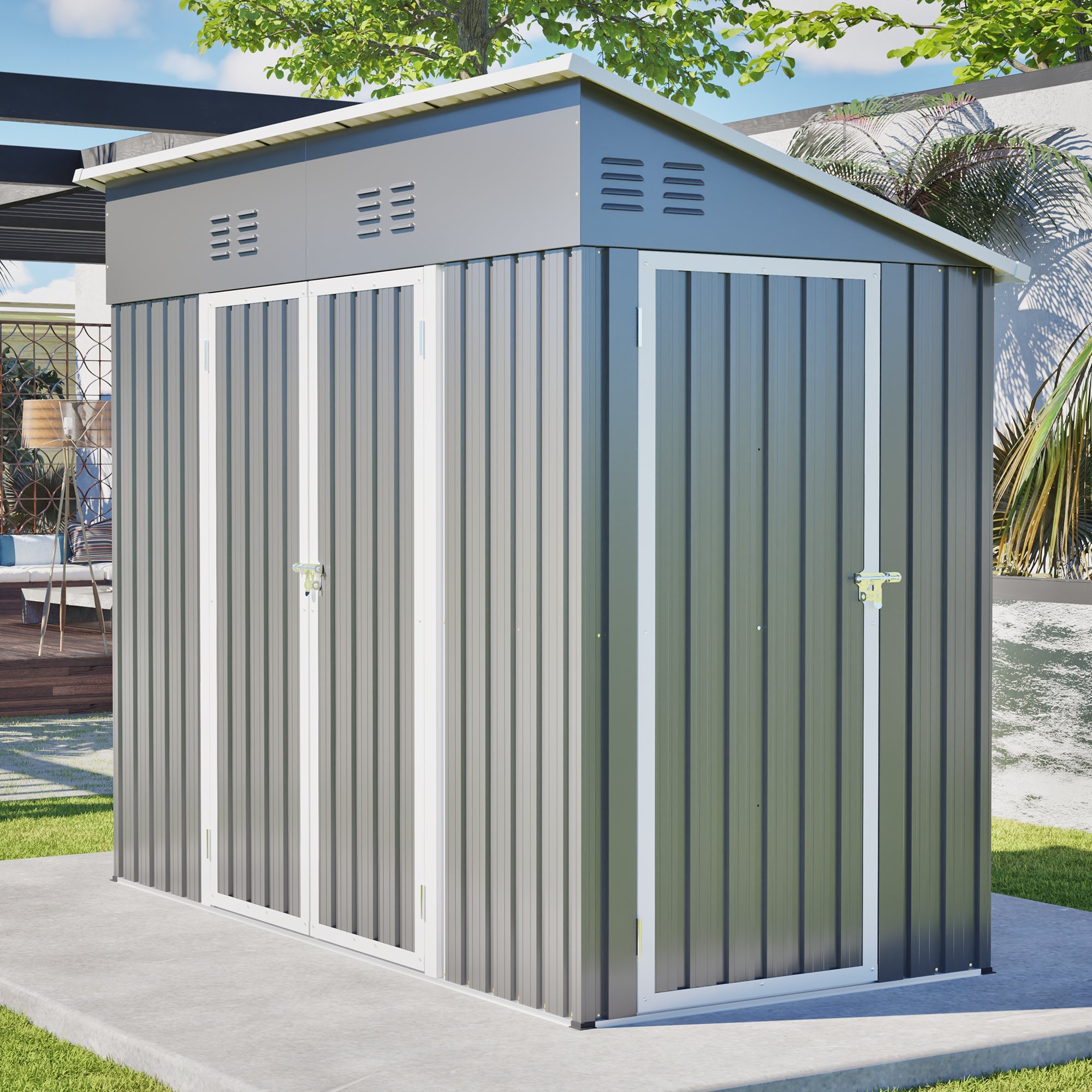 4x8 Slope-Roof Reinforced Storage Shed with Weatherproof Sloping Roof & 4 Air Vents, Heavy-Duty Sturdy Metal Frame, Left/Right Optional Door, Outdoor Tool Shed Warehouse for Garden Storage Pet House
