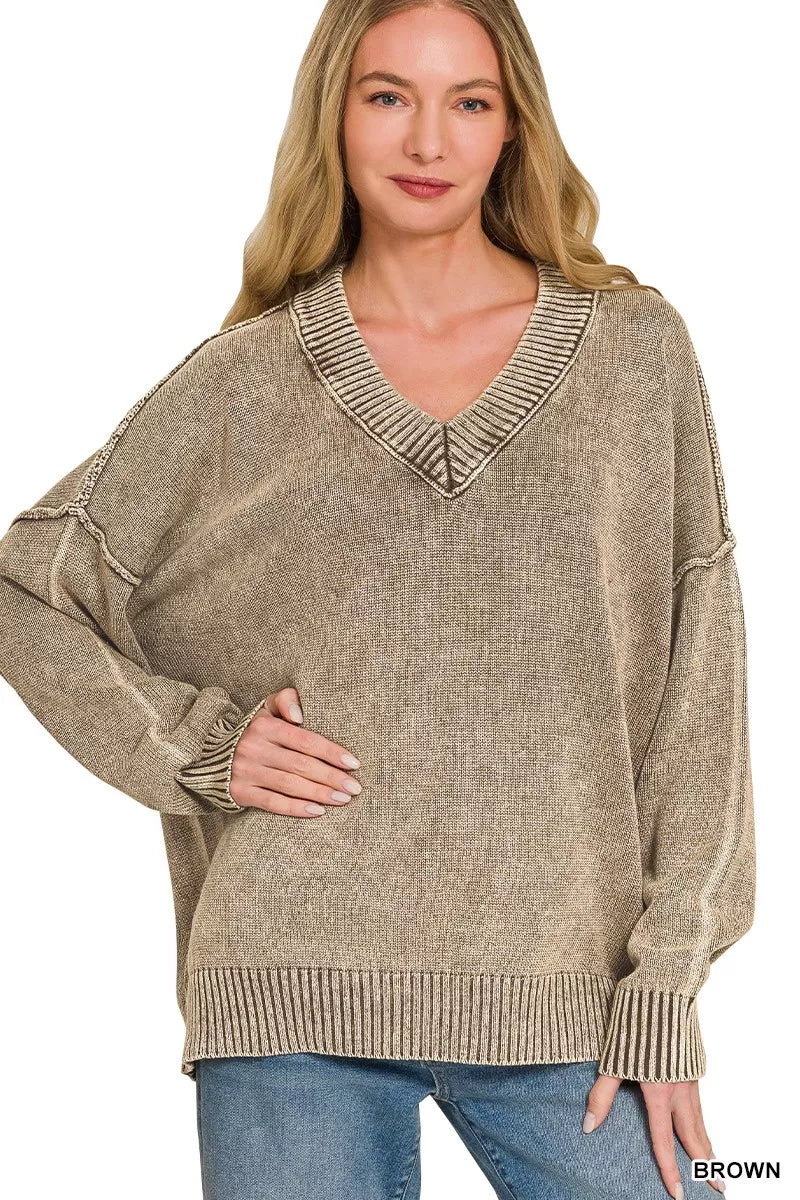 Zenana Washed Deep V-neck Oversized Sweater