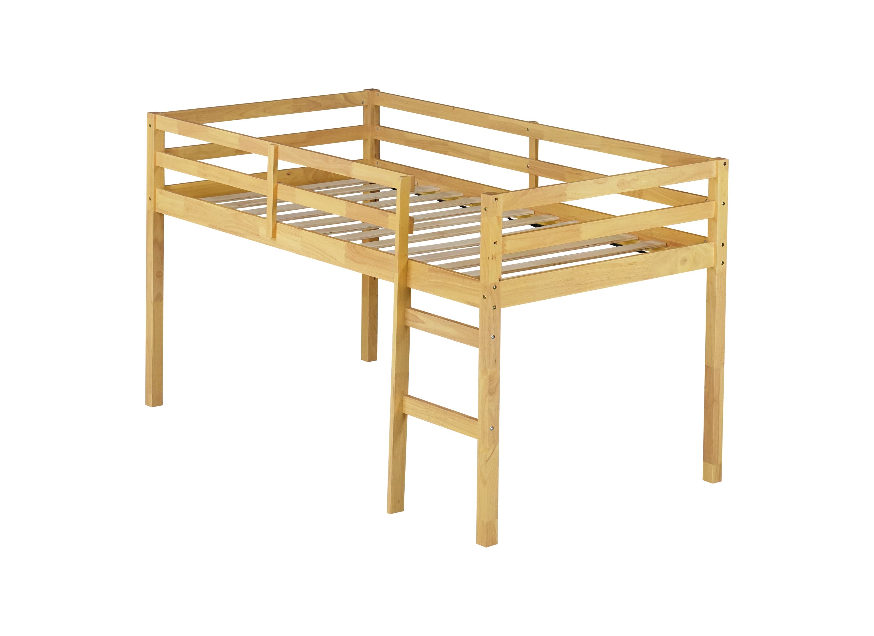 Solid Wooden, Rubber Wooden Twin Loft Bed with Ladder, Bed Platform of Strengthened Slats, Natural