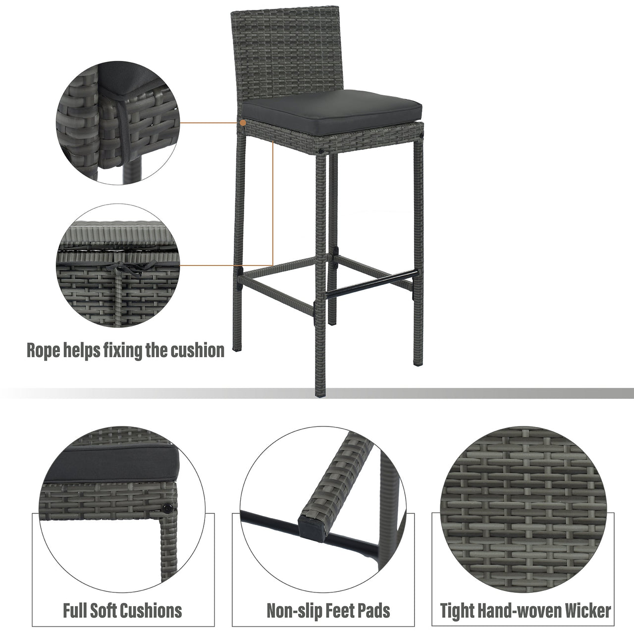5-piece Outdoor Patio Wicker Bar Set, Bar Height Chairs With Non-Slip Feet And Fixed Rope, Removable Cushion, Acacia Wood Table Top, Brown Wood And Gray Wicker