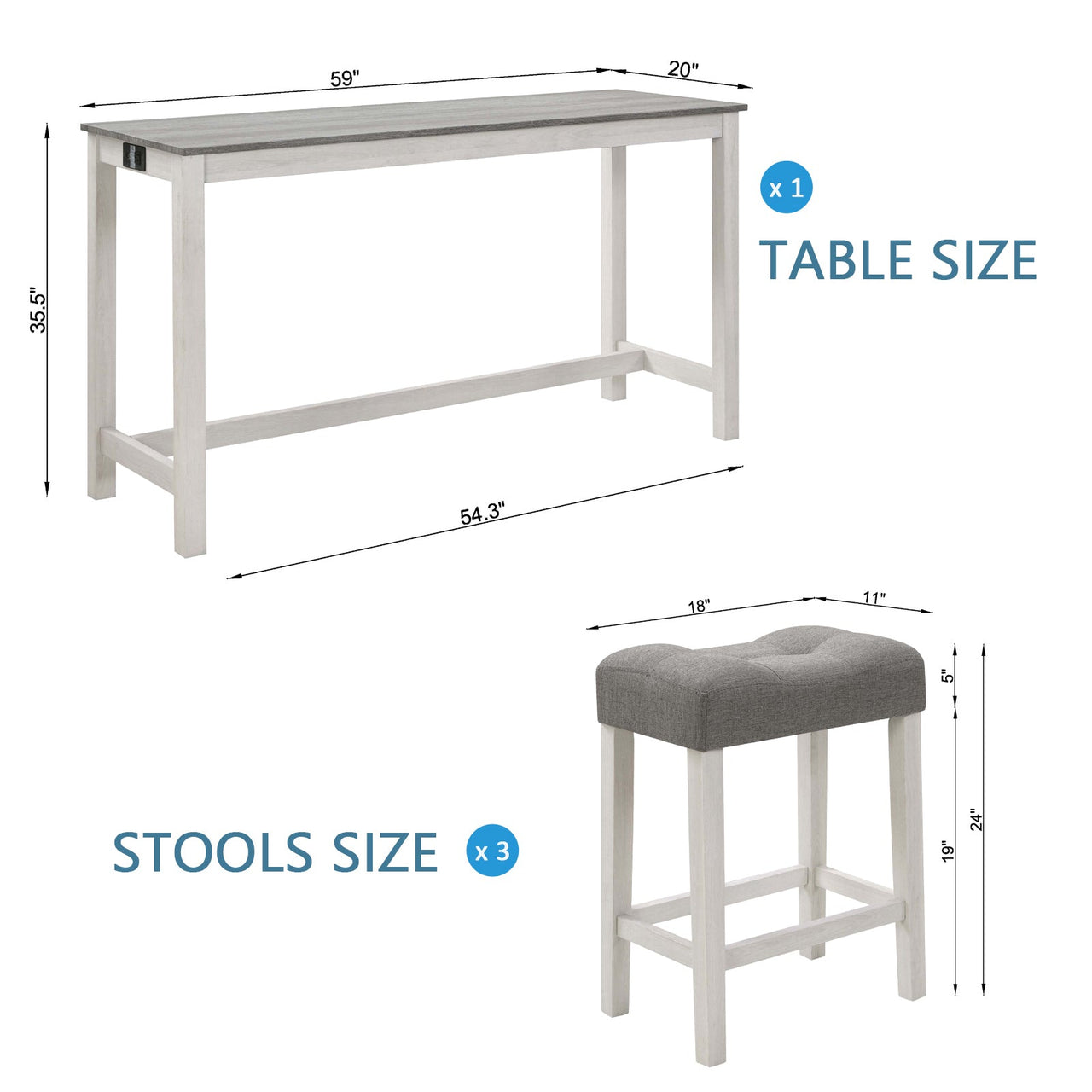 4 Piece Bar Table Set with Power Outlet,Bar Table Set with Chairs,Sofa Bar Table with Stools,Behind Couch Table with 3 Padded Stools,for Living Room,Dining room, White & Grey