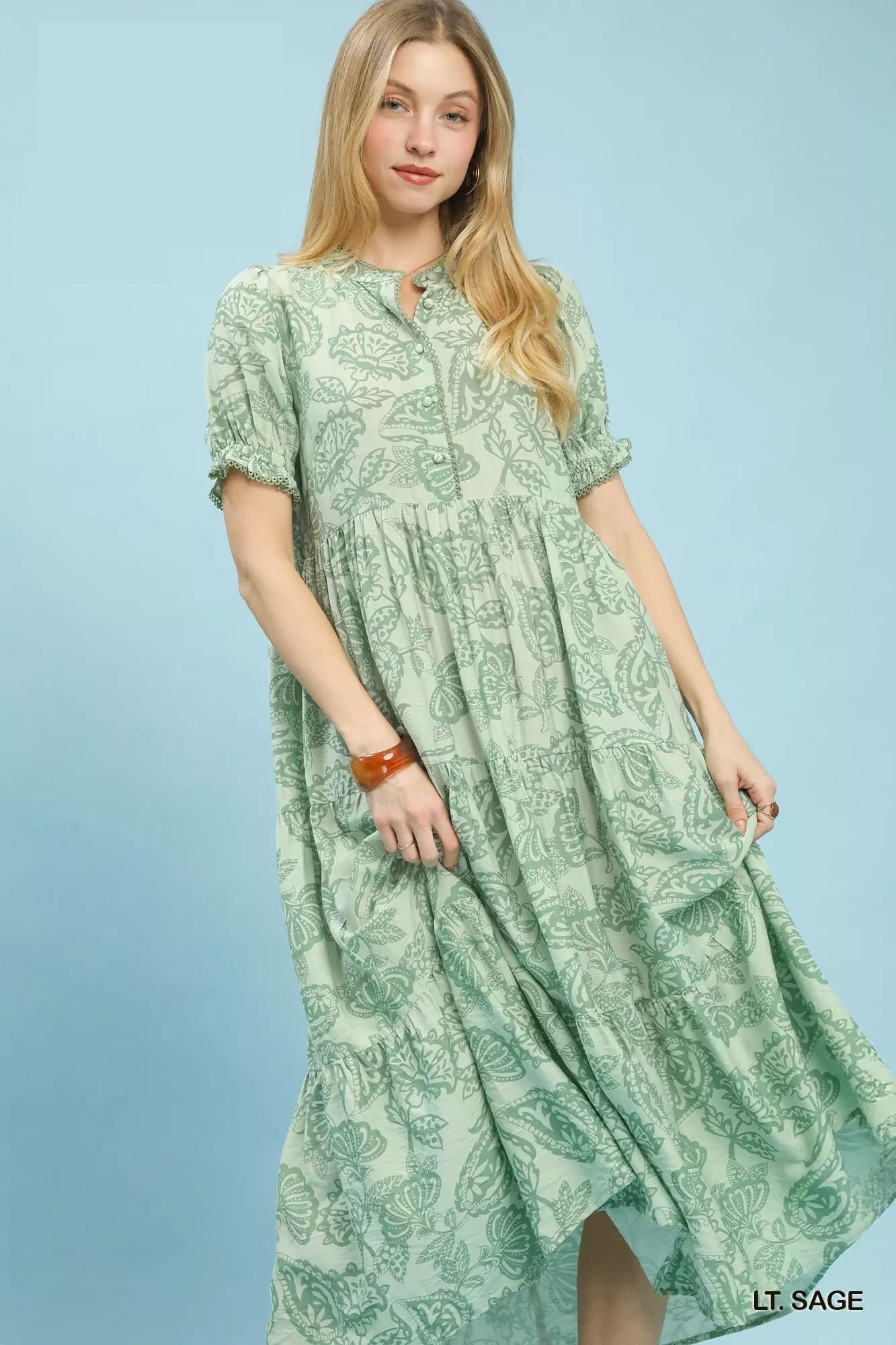 Umgee Paisley Print Tiered Midi Dress