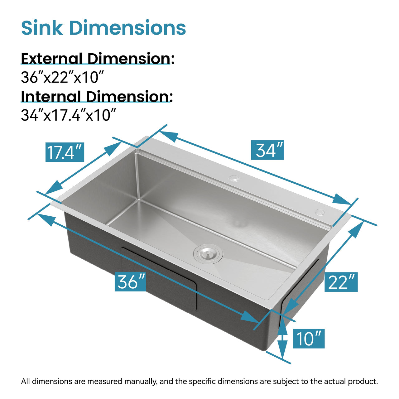 Stainless Steel Kitchen Sink, 36″x22″ Single Bowl, Overmount Handmade Sink in Brushed, with Cutting Board, Colander, Grid, SS-BR01-362208