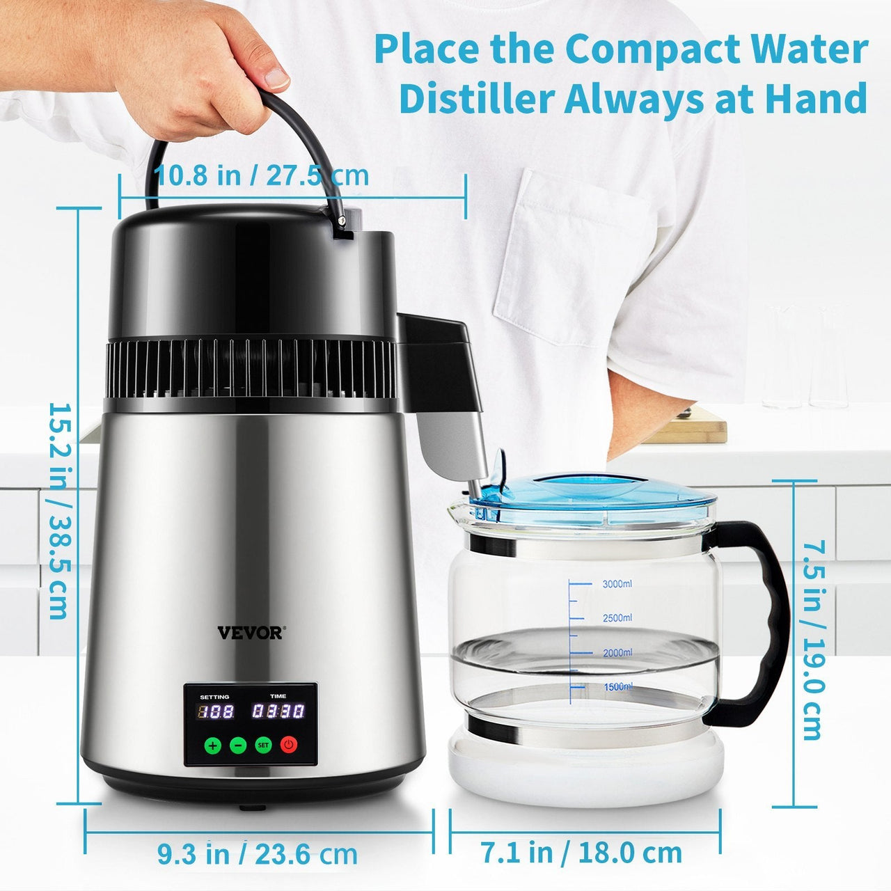 1.1 Gal Water Distiller, 0.3 Gal/H, 750W Distilled Water Maker Machine 0-99H Timing Set Temp Display, 304 Stainless Steel Countertop Distiller Glass Carafe Cleaning Powder 3 Carbon Packs, Silver