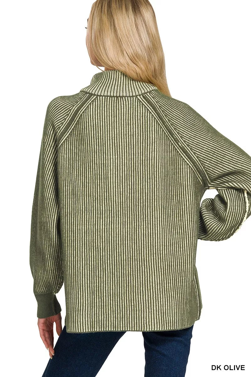 Zenana Ribbed Two Tone Half Zip Sweater