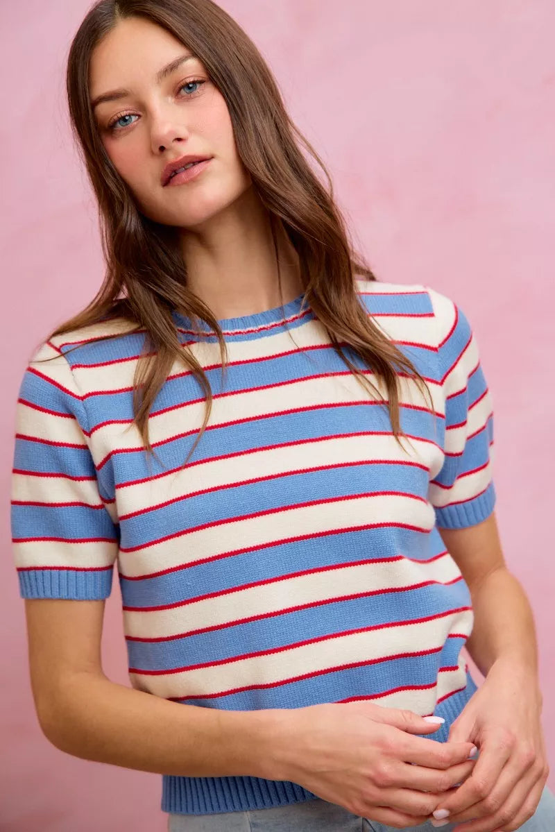 SO ME Stripe Knit Crew Neck Short Sleeves Sweater Top