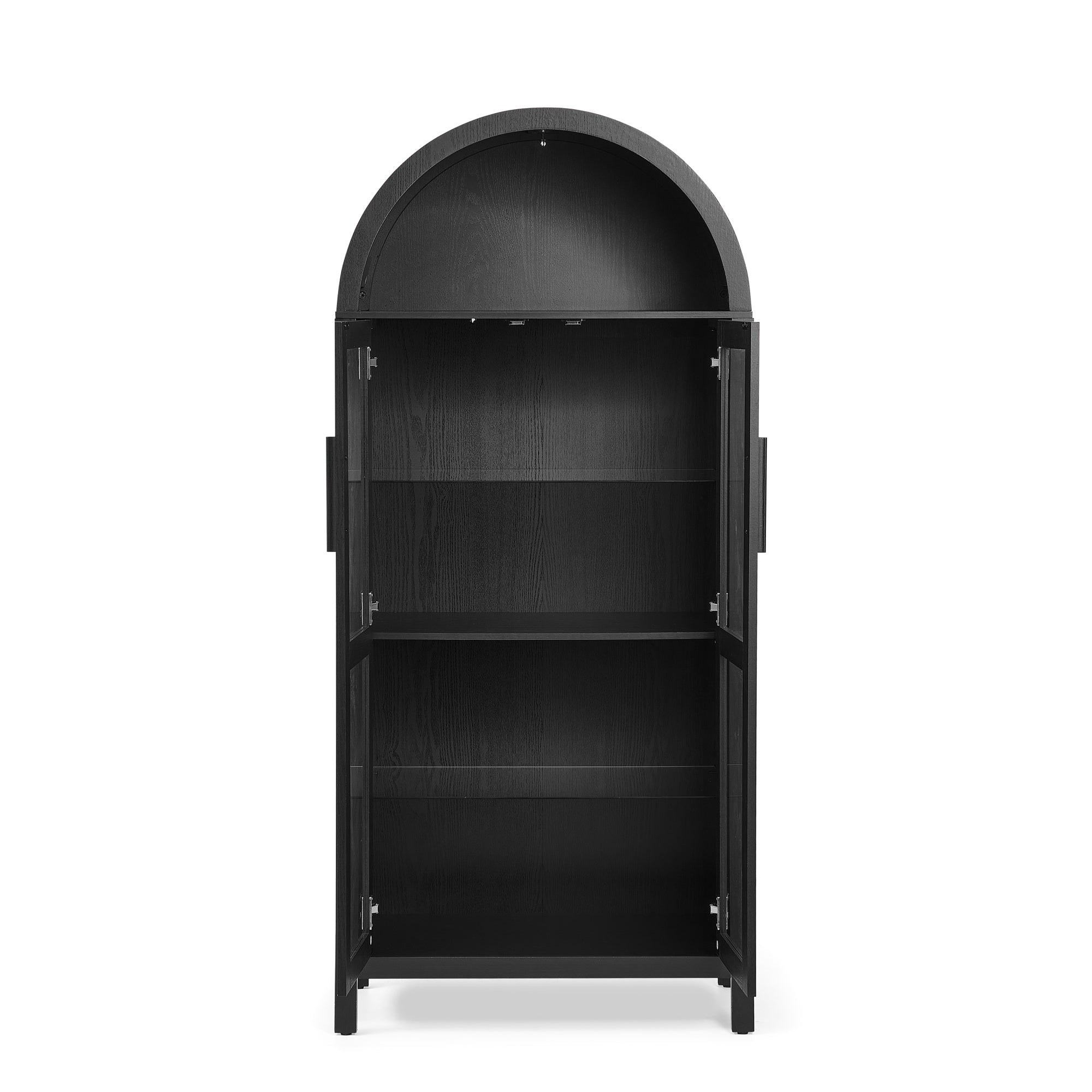 A high arched storage cabinet with a lamp, a modern retro-style wooden storage cabinet with adjustable glass partitions, suitable for use as a multi-functional cabinet in kitchens-Black