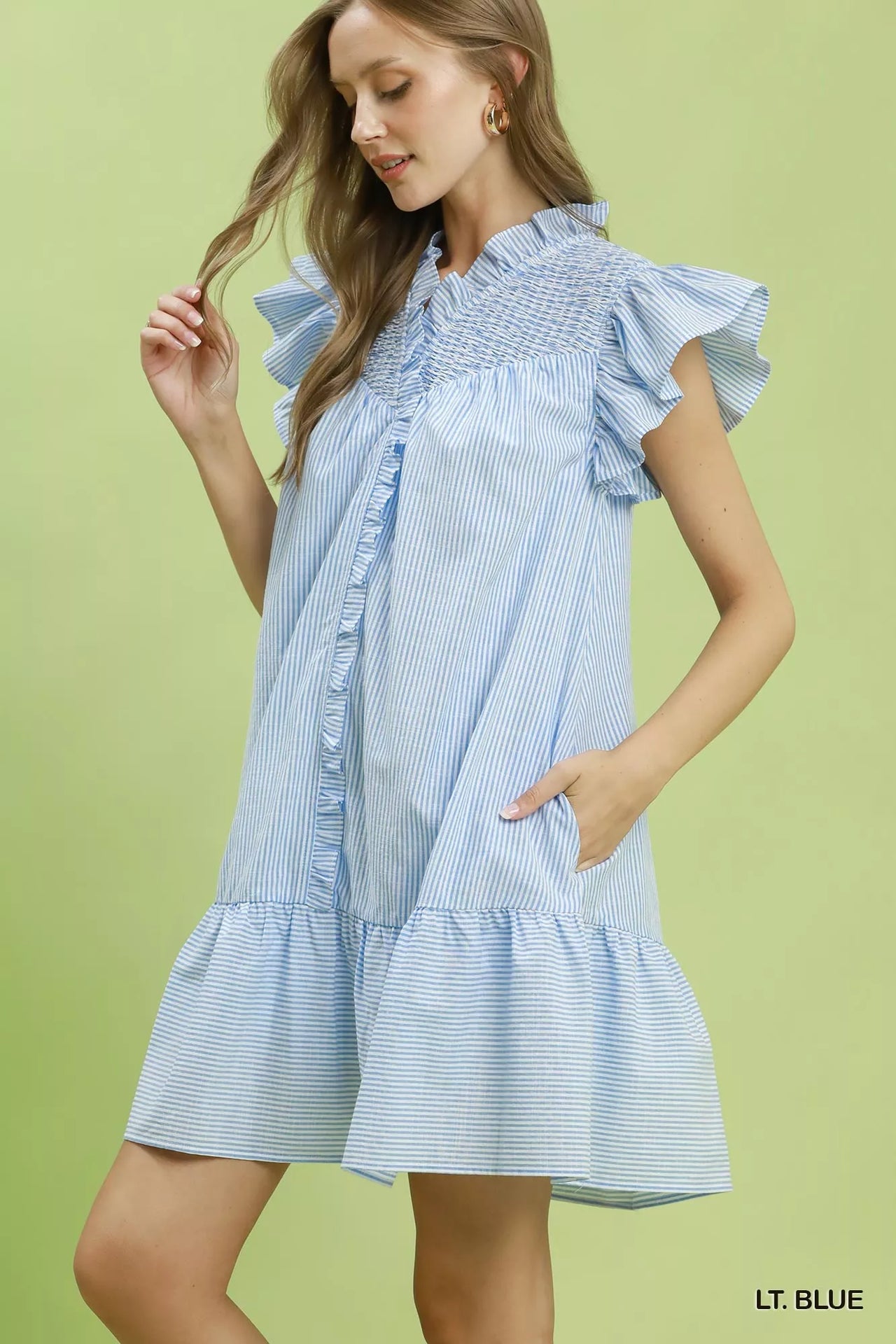 Umgee Stripe Smocked Yoke Ruffle Dress