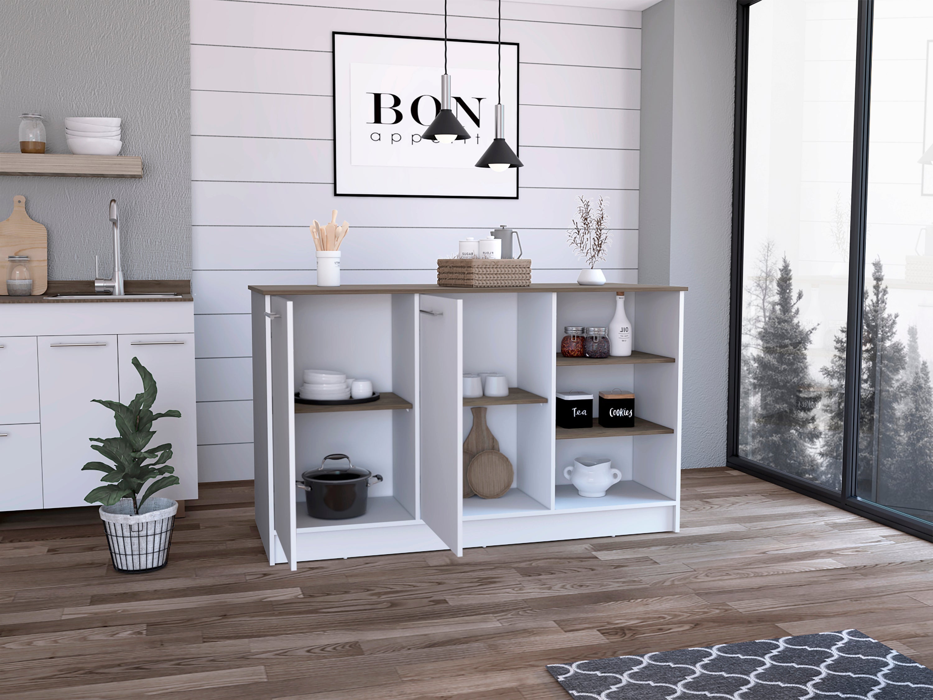 Kitchen Island Two Cabinets, Three Open Shelves, White / Dark Brown
