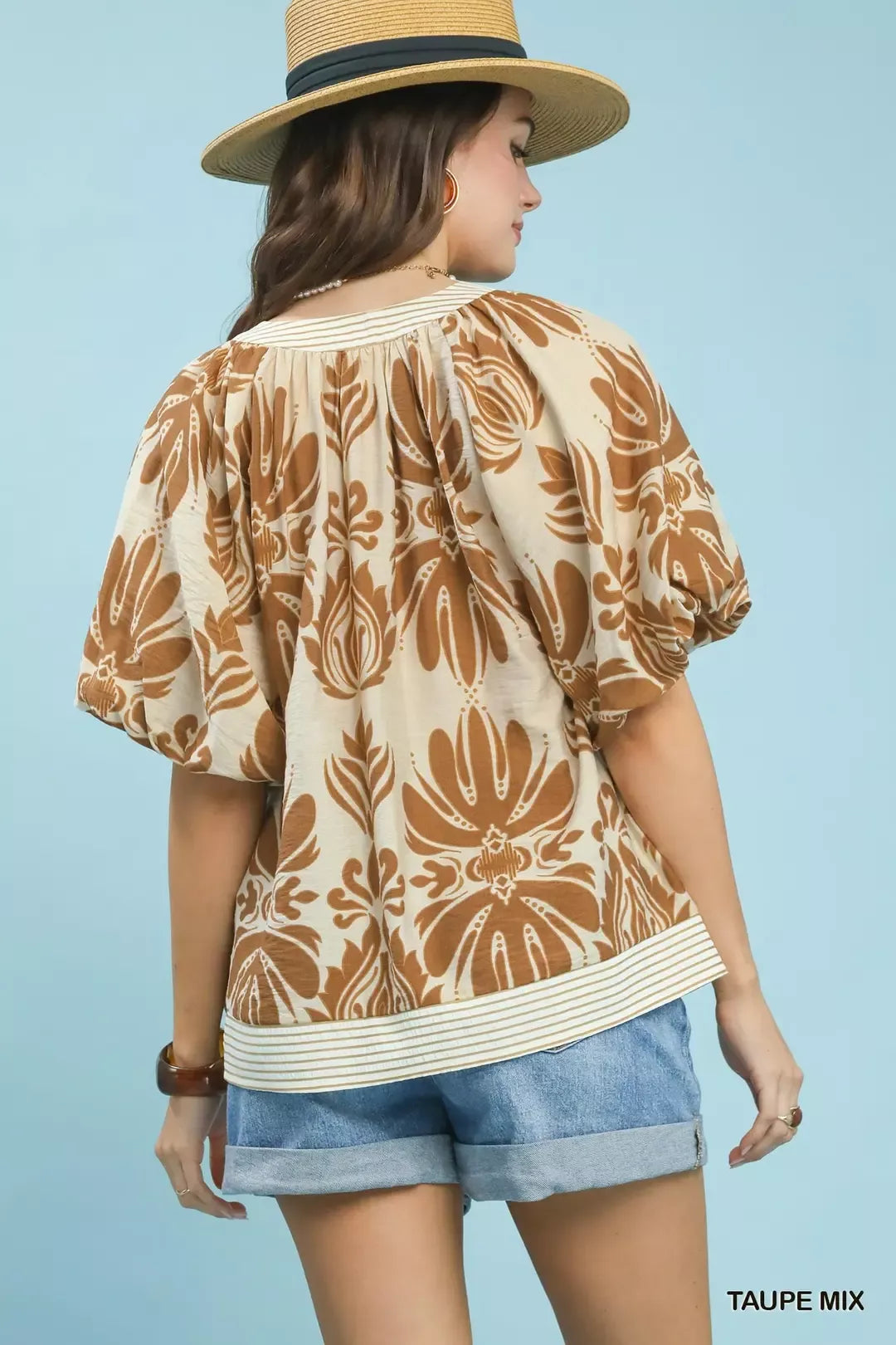 Umgee Mix Printed Puff Sleeve Top with Contrast Trim