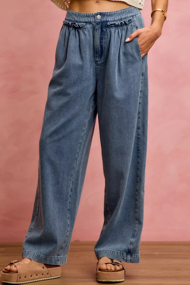 SO ME Mid Rise Ruffled Front Elastic Wide Leg Jeans