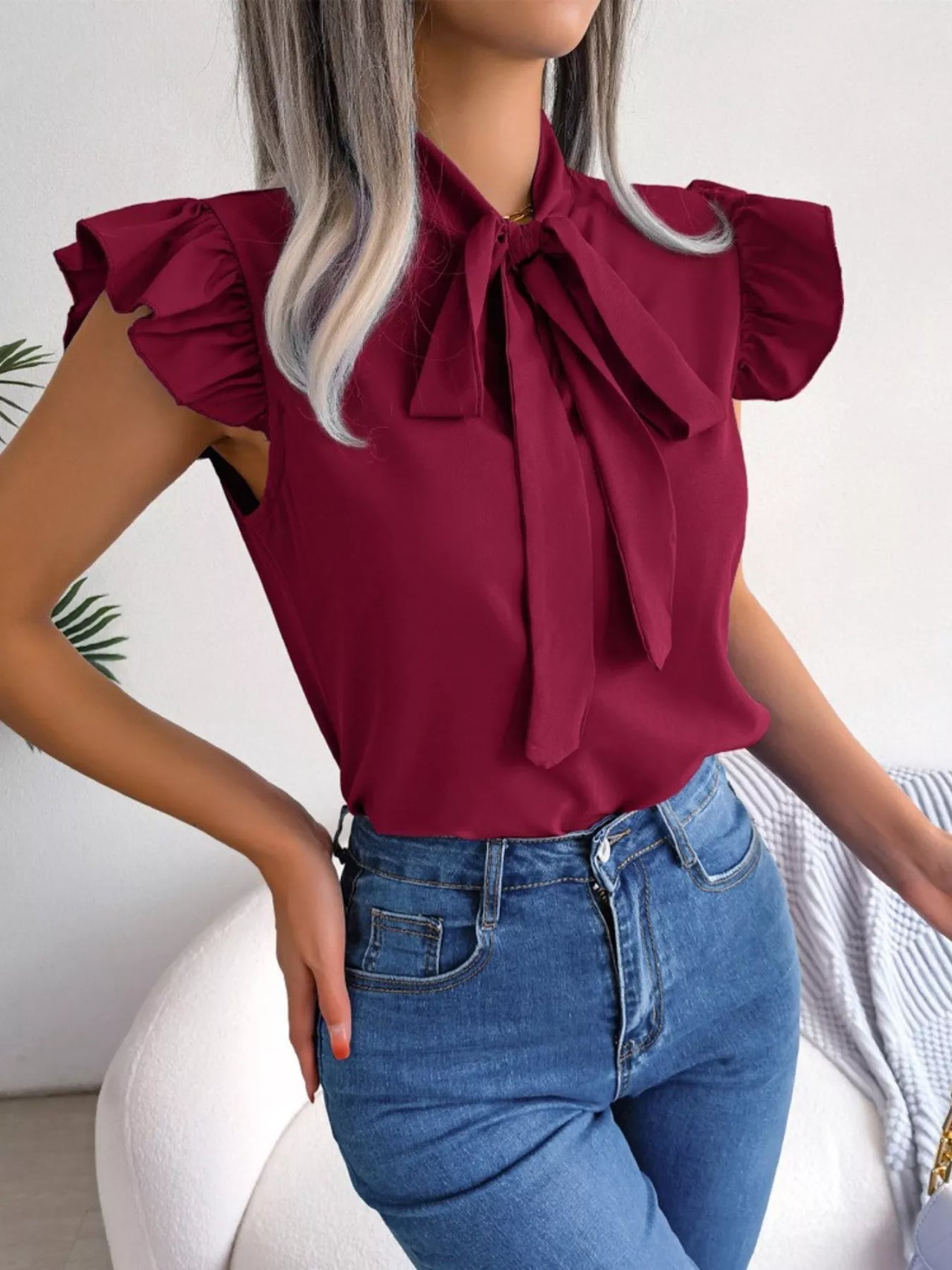 Bow Tie Ruffle Sleeve Blouse