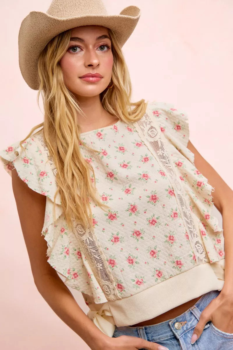 BiBi Flower Printed Ruffle Sleeve Trim Detail Top