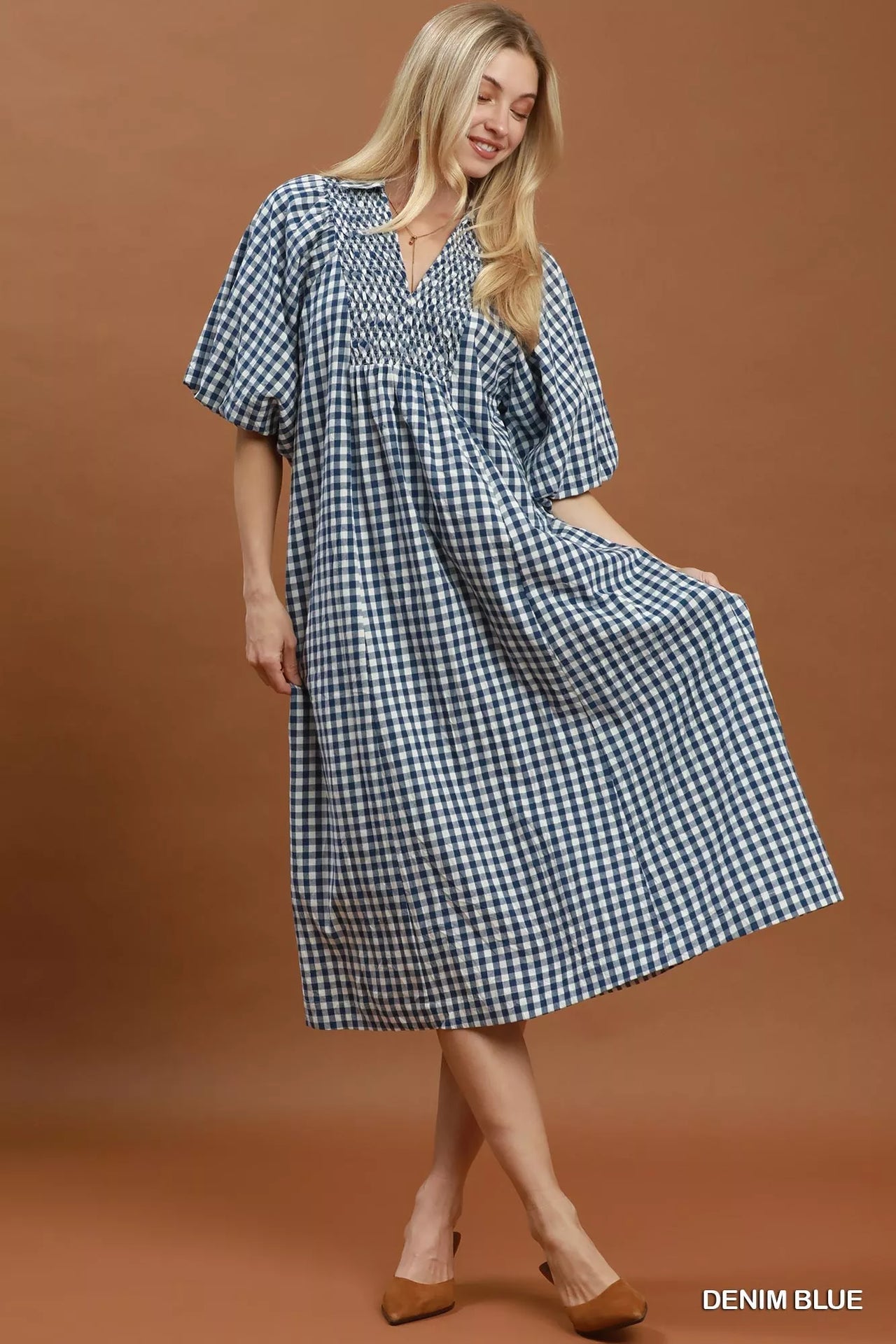 Umgee Puff Sleeve Plaid Midi Dress