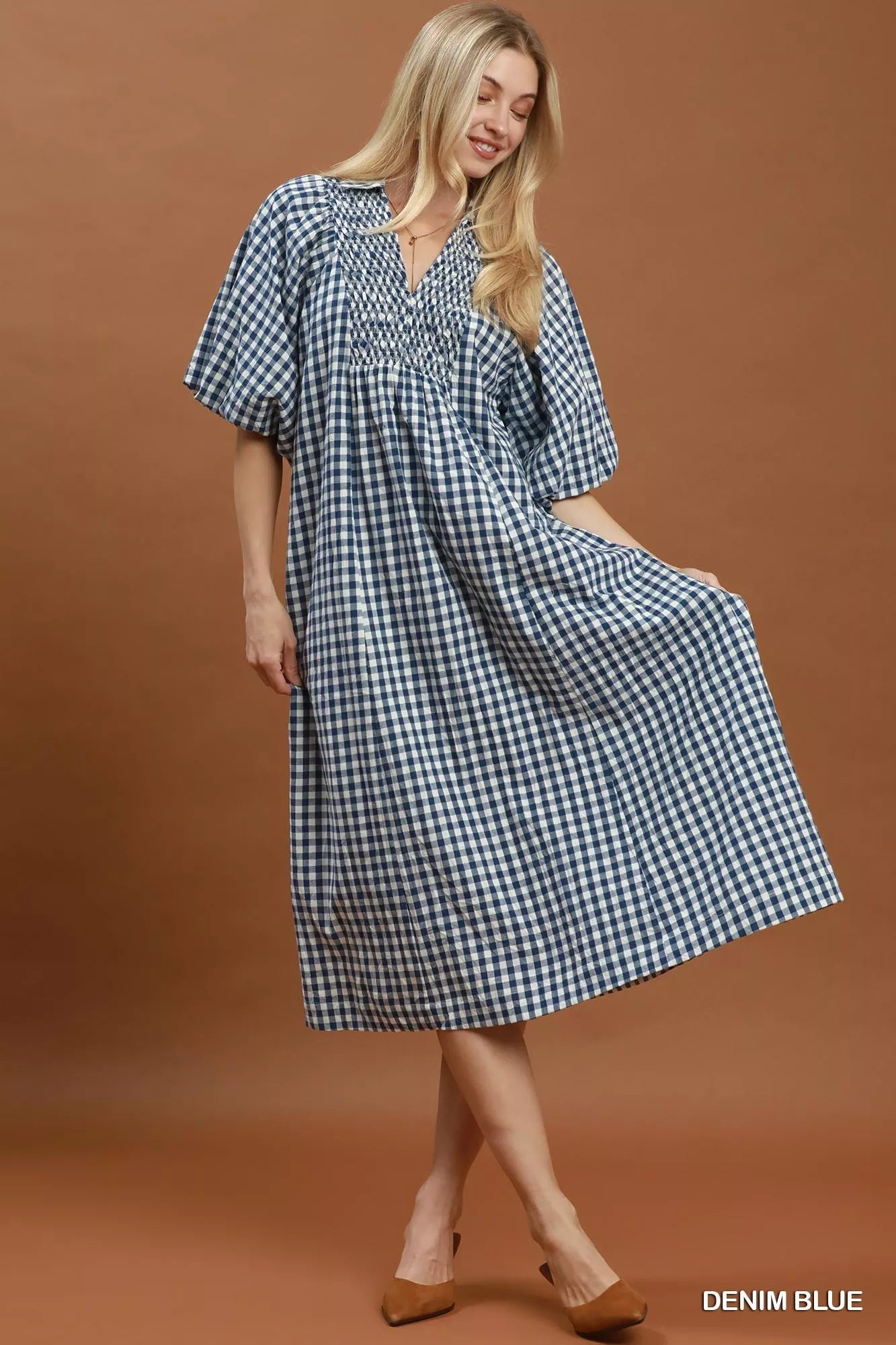 Umgee Puff Sleeve Plaid Midi Dress