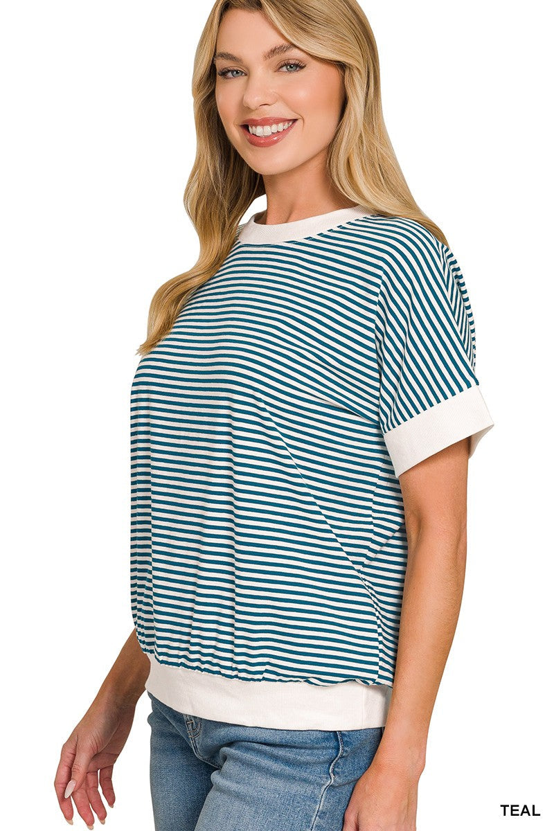 Zenana Stripe Contrast Trim Banded Bottom Top