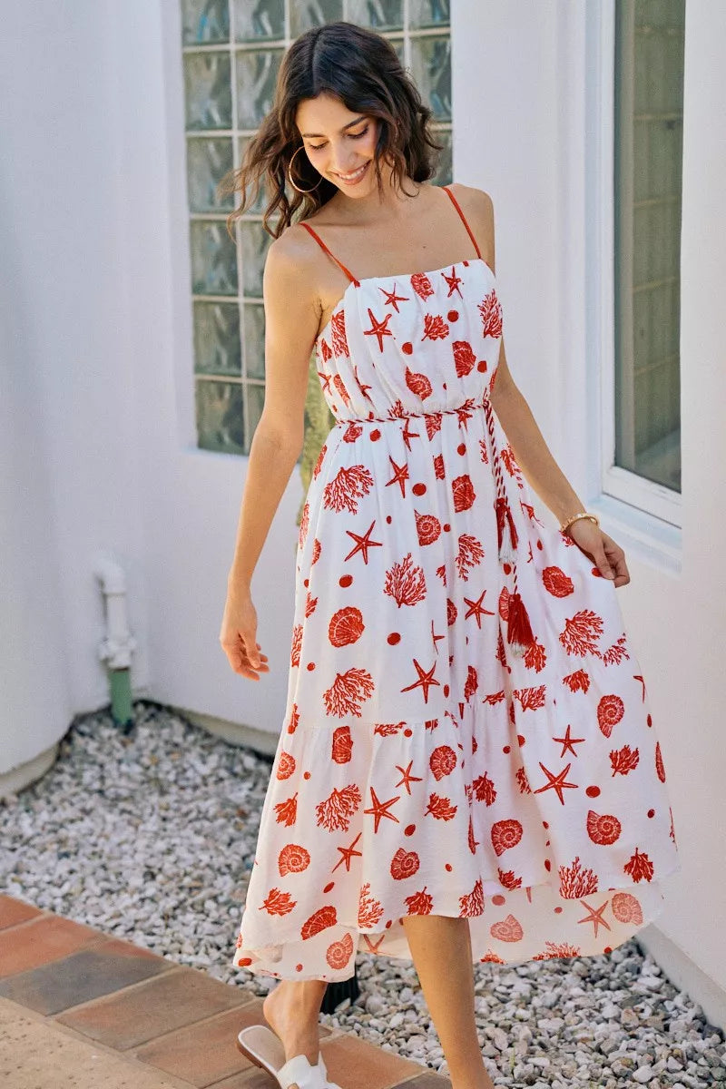 SO ME Shell Print Tiered Lined Midi Cami Dress With Belt