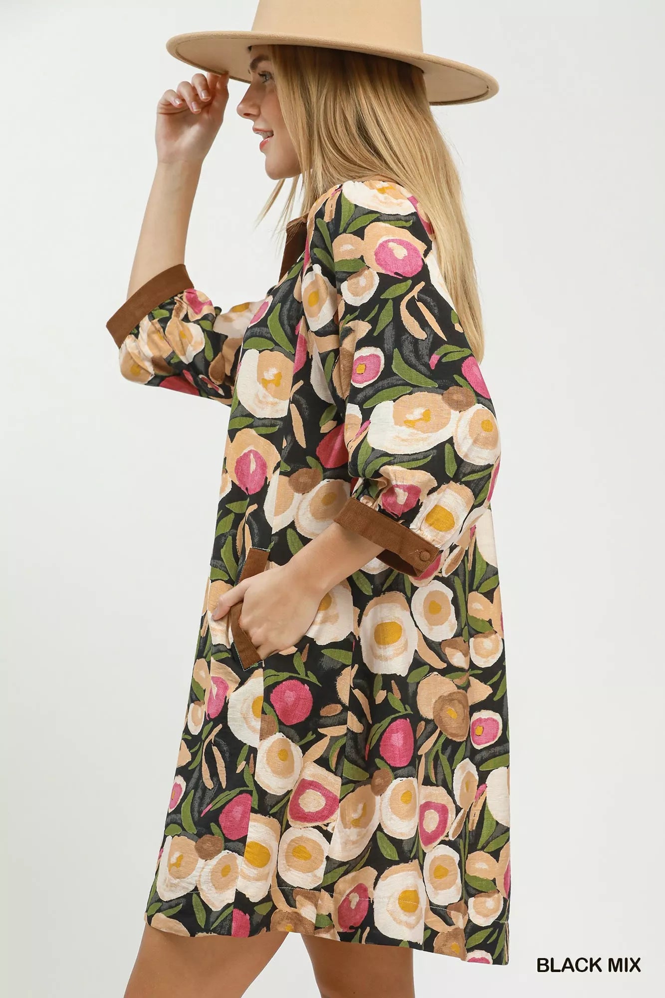 Umgee Mix Floral Contrast Trim Shift Mini Dress