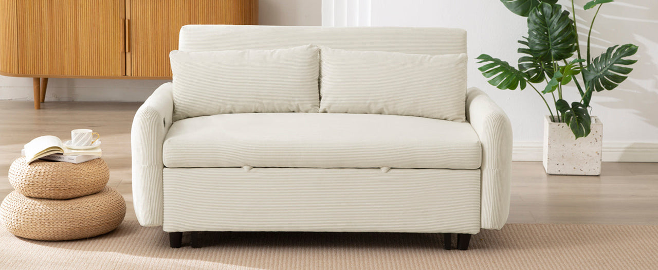 Modern Convertible Pull-out Sofa Bed with USB Ports and Pillows, Beige Corduroy, 57.48 inches