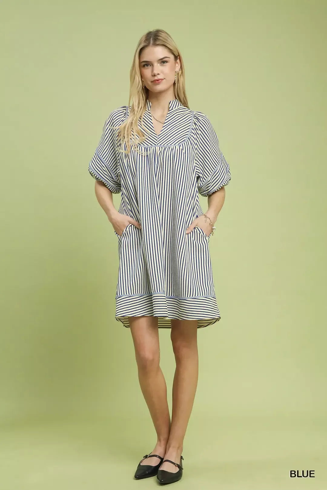 Umgee Striped Puff Sleeve Shift Dress