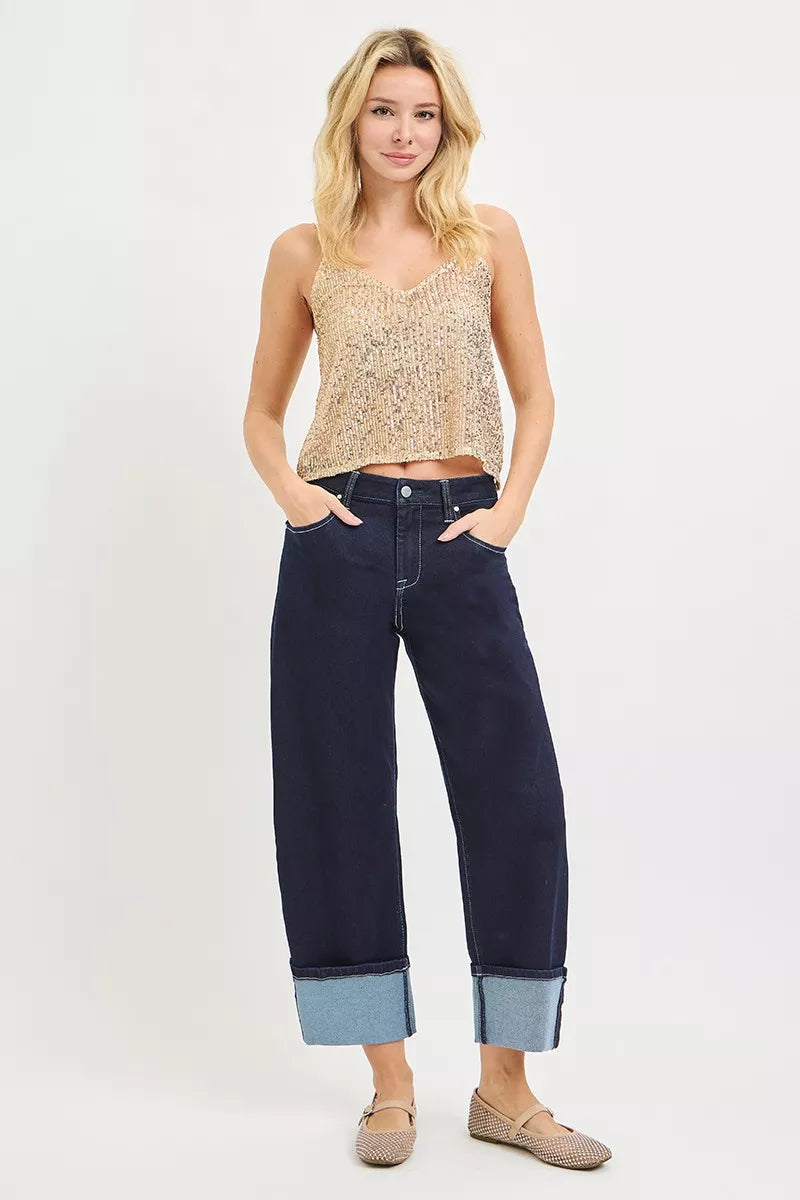 RISEN Slouchy Crop Barrel Cuffed Hem Jeans
