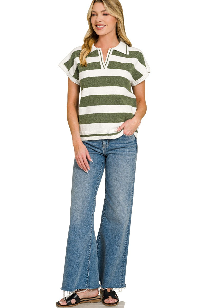 Zenana Striped Collared Short Sleeve Sweater
