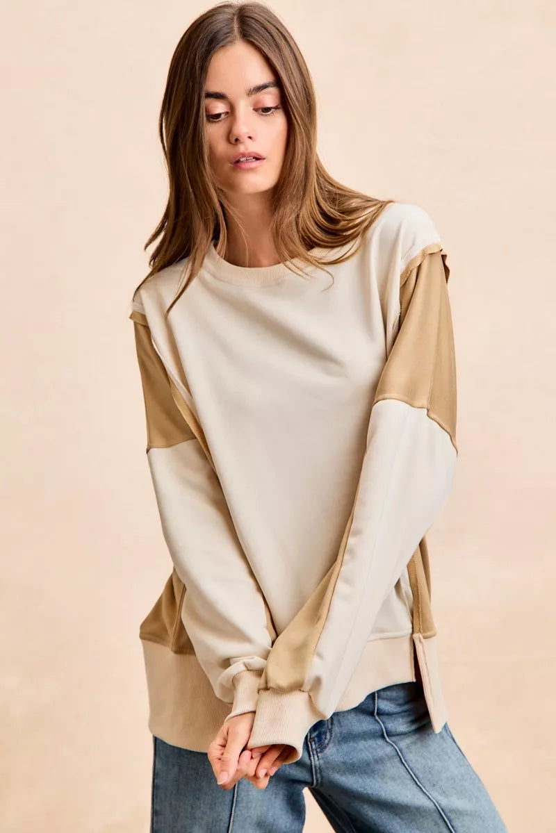 BiBi French Terry Color Block Top With Open Seam Detail