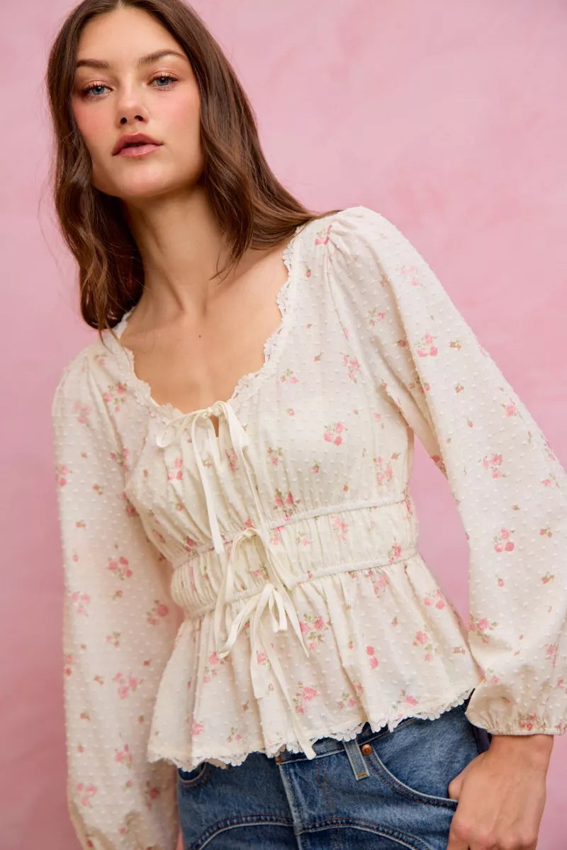 SO ME Floral Clip Dot Lace Trim Ruched Bodice Blouse