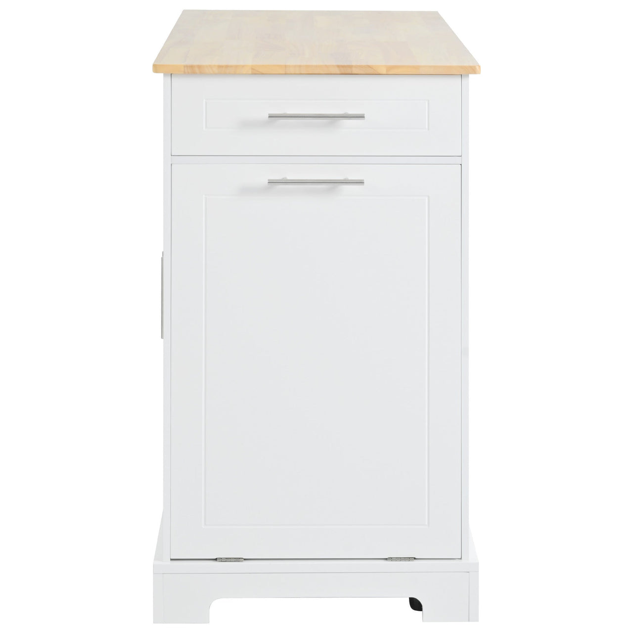 K&K Fluted Kitchen Island with Trash Can Storage Cabinet, Power Outlet, Internal Storage Rack, Rolling Kitchen Islands on 5 Wheels with 3 Drawer, 3 Open Side Racks for 10 Gallon Garbage Bin, White