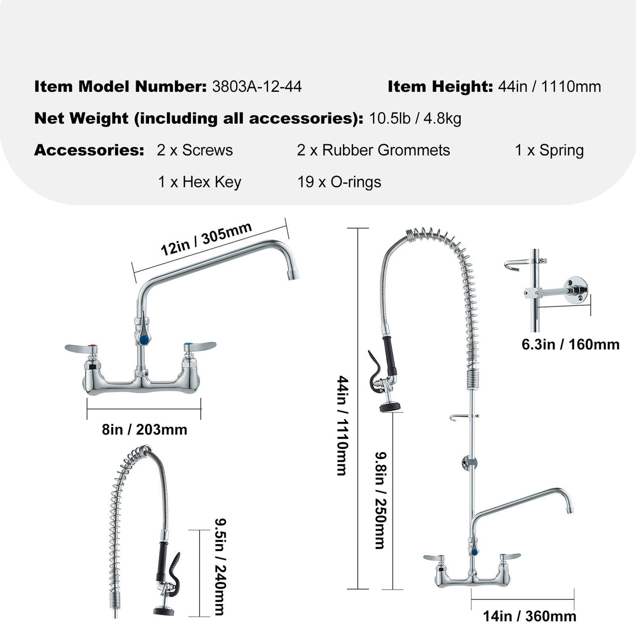 Commercial Faucet with Pre-Rinse Sprayer, 44' Height, 8' Center, 12' Swing Spout, Wall Mount Kitchen Sink Faucet, Brass Constructed Device with Pull Down Spray, for 1/2/3 Compartment Sink