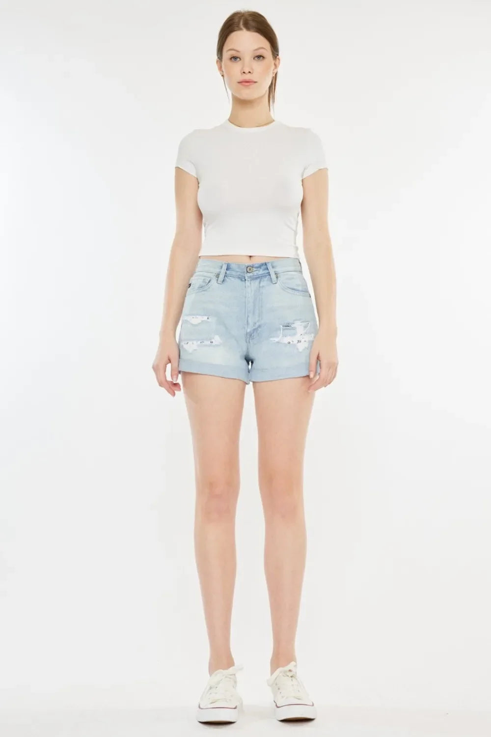 Kancan High Rise Repaired Mom Denim Shorts
