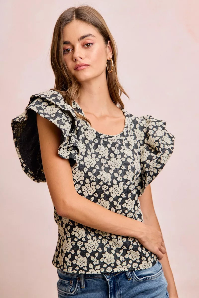 BiBi Floral Jacquard Ruffle Sleeves Knit Top