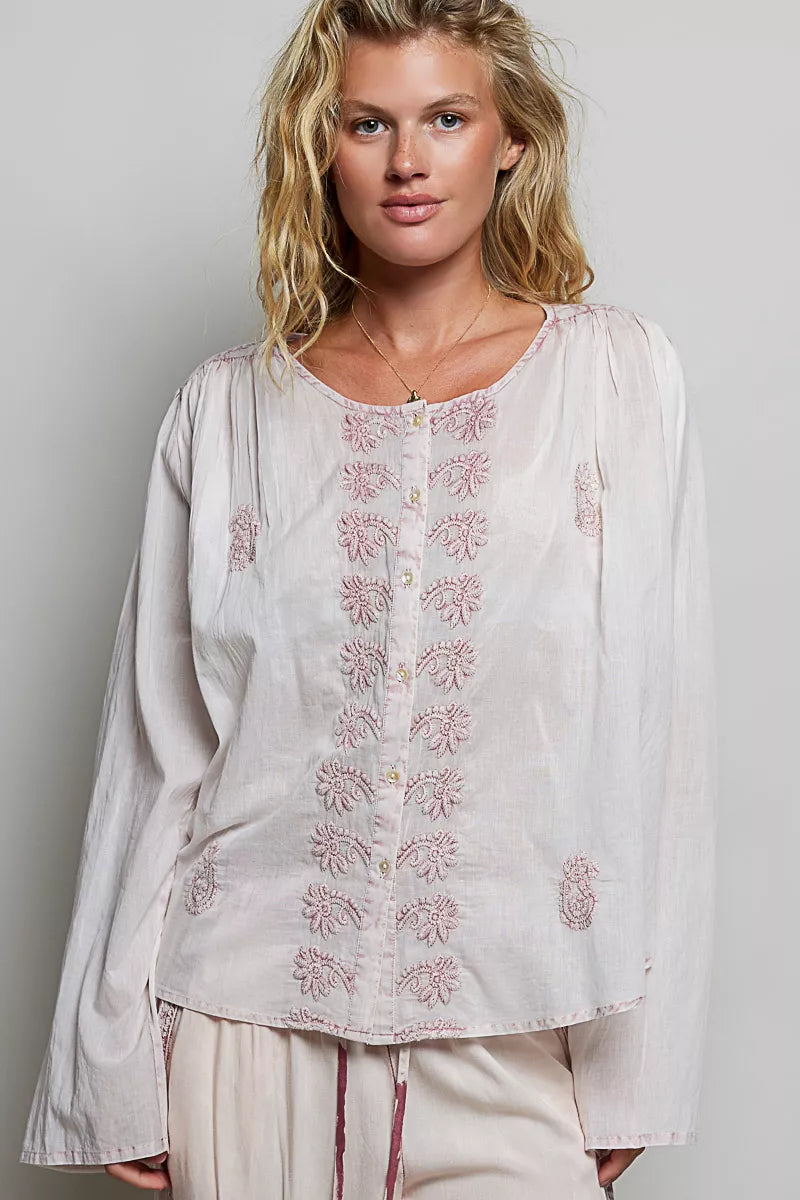 POL Embroidered Gathered Shoulder Long Sleeve Shirt