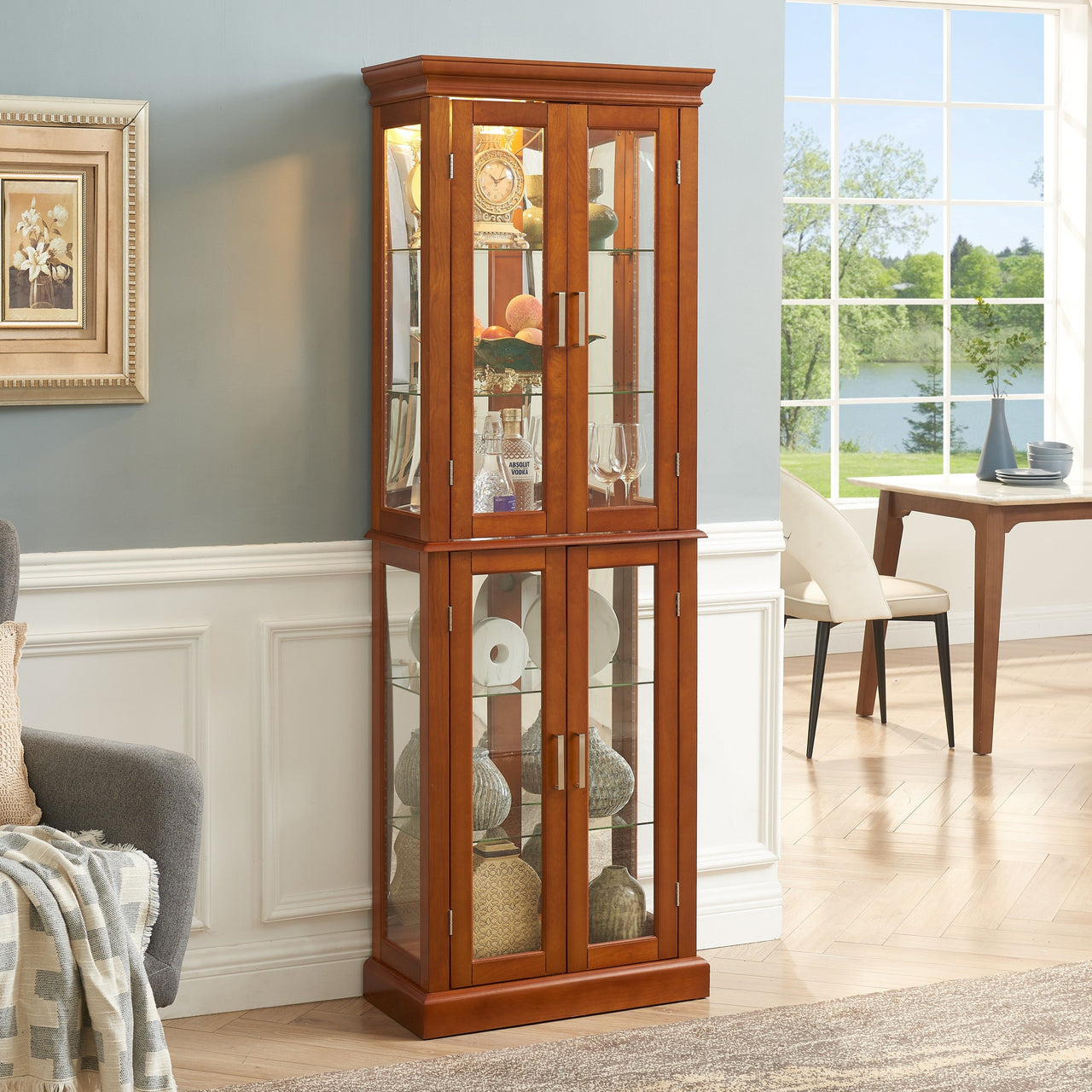 Lighted Curio Cabinet with Adjustable Shelves, Mirrored Back, and Tempered Glass Doors, 6-Tier Walnut Finish