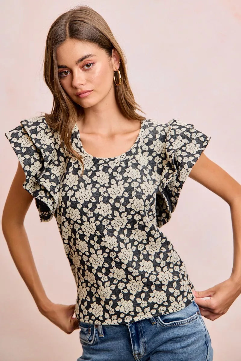 BiBi Floral Jacquard Ruffle Sleeves Knit Top