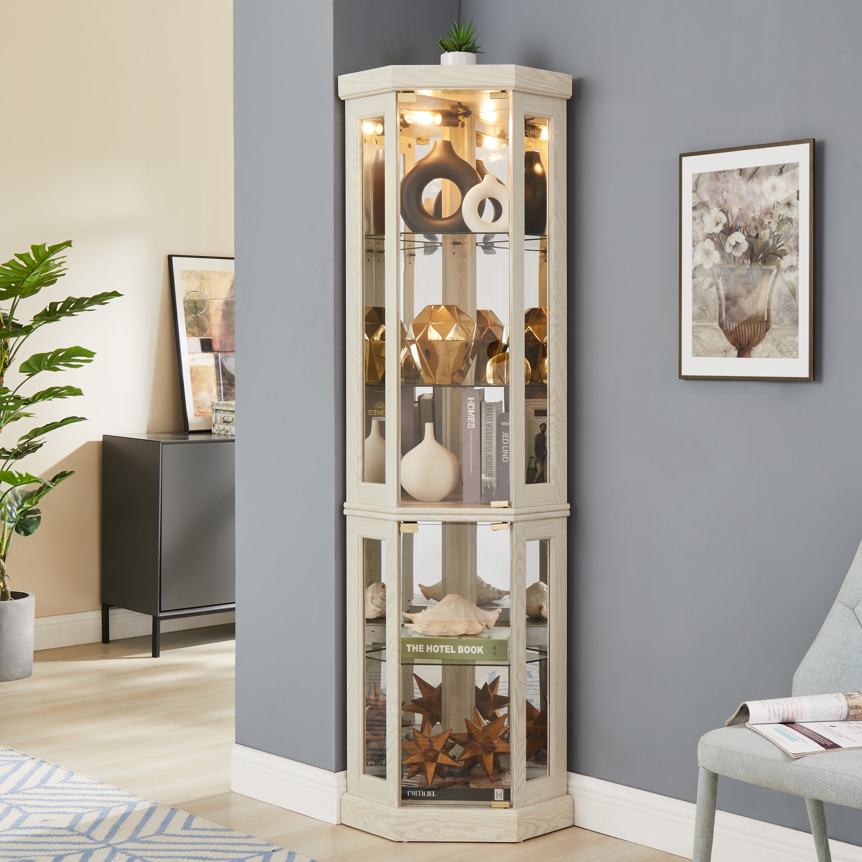 Lighted Corner Curio Cabinet - Display Case for Living Room, Antique Collectibles, Wine & Bar Glass Storage - Elegant Corner Design with Lights Included- White