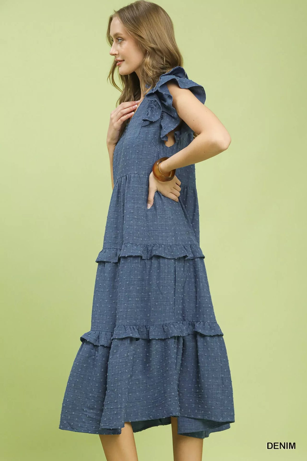 Umgee Textured Ruffle Sleeve Tiered Midi Dress