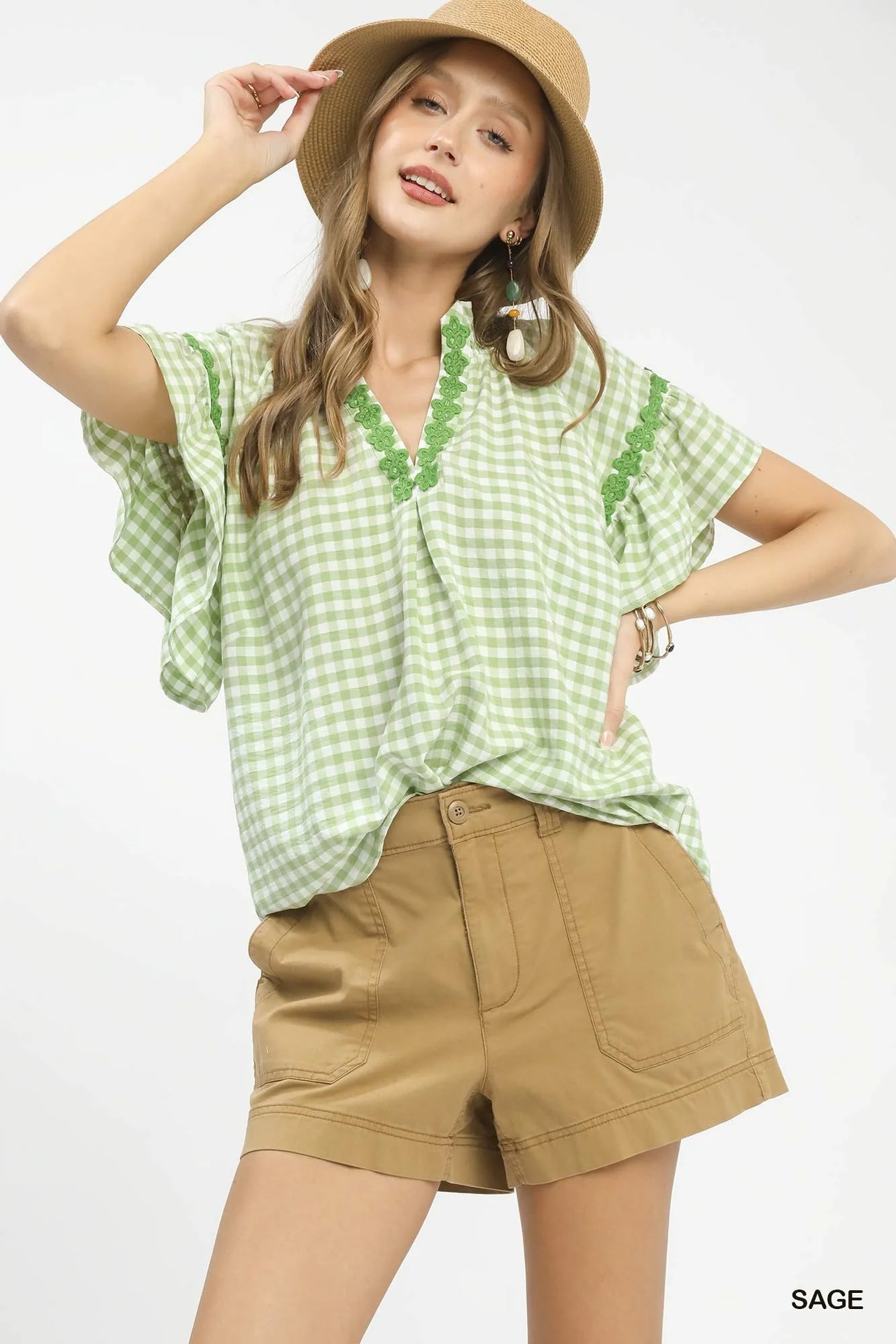 Umgee Gingham Lace Trim Top