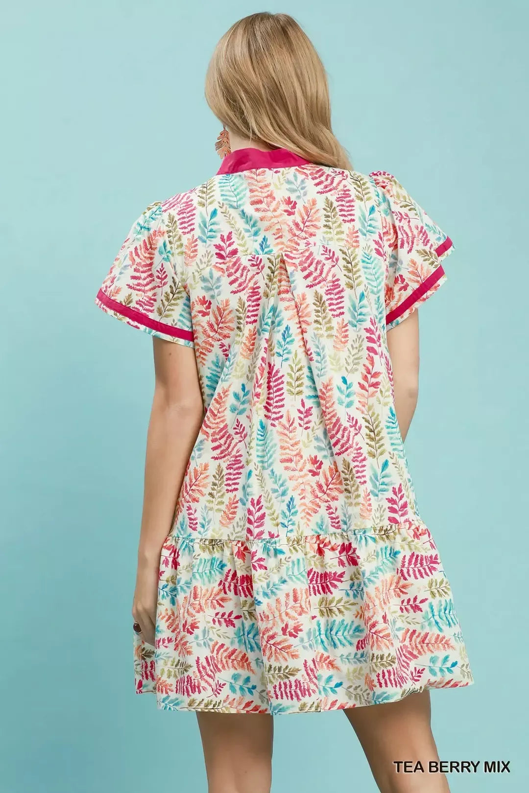 Umgee Leaf Print Flutter Sleeve Tiered Mini Dress