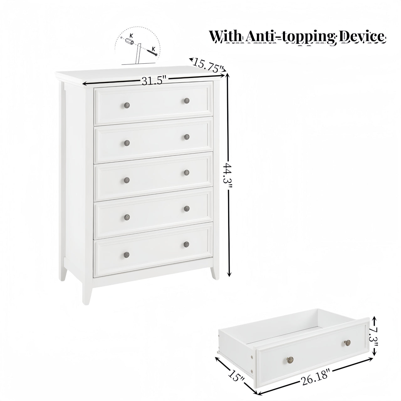 Modern 5 Drawers Dresser 5 Drawers Cabinet,Chest of Drawers Closet Organizers and Storage Clothes Storage Drawers Cabinet for Living Room, Farmhouse Dresser Organizer WHITE