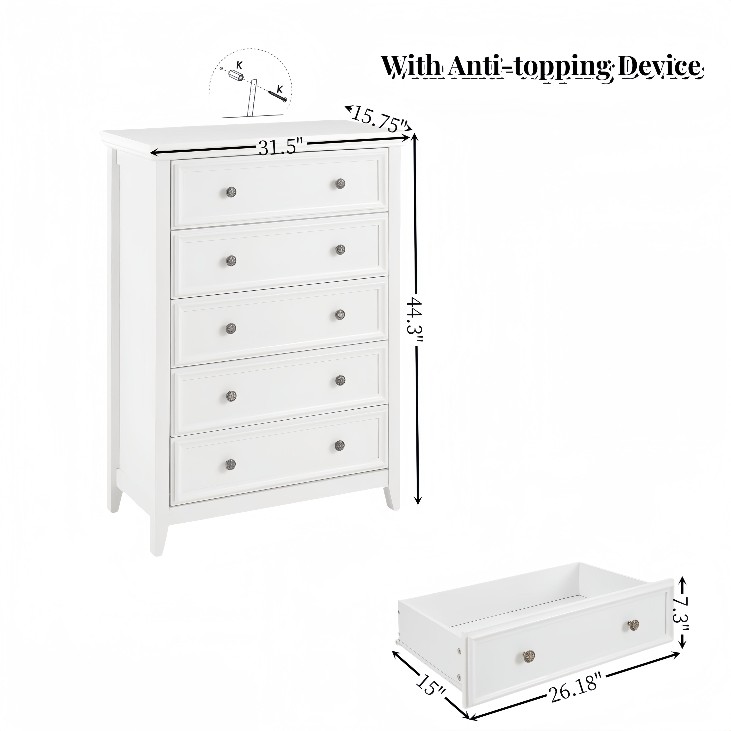 Modern 5 Drawers Dresser 5 Drawers Cabinet,Chest of Drawers Closet Organizers and Storage Clothes Storage Drawers Cabinet for Living Room, Farmhouse Dresser Organizer WHITE