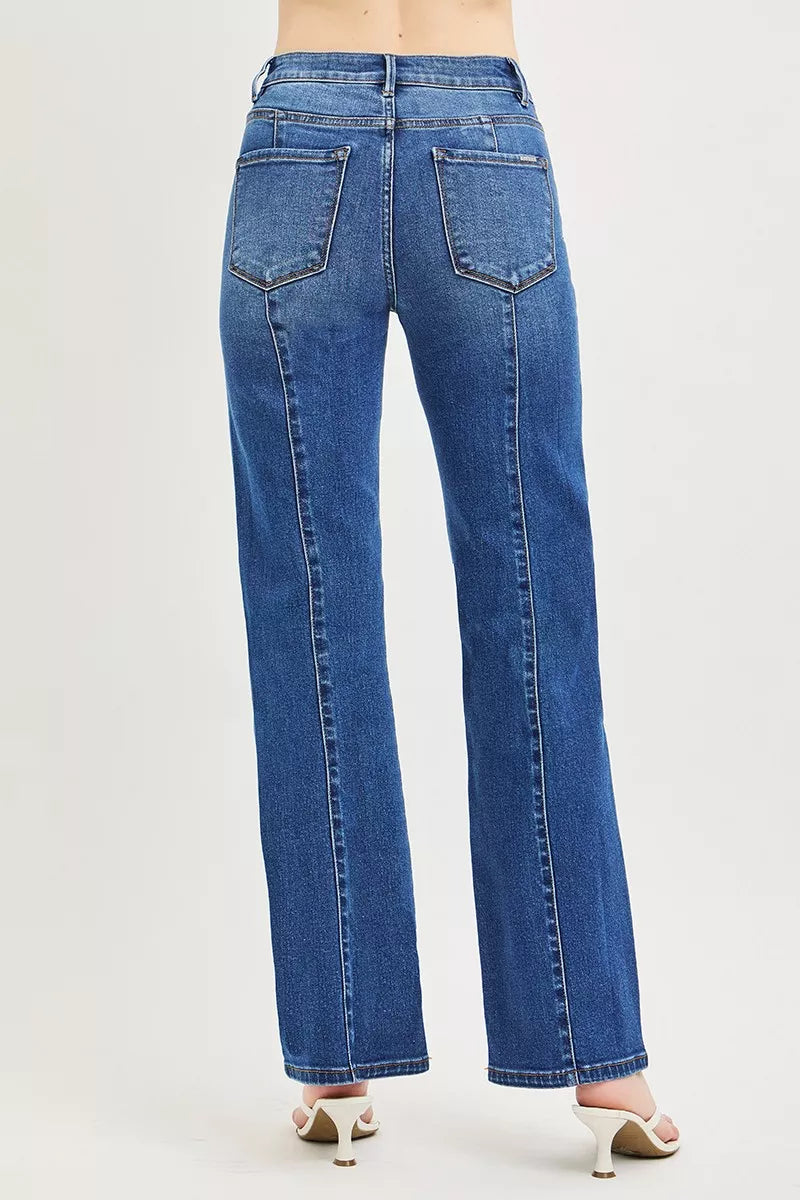 RISEN High Rise Straight Patch Pocket Seamed Jeans