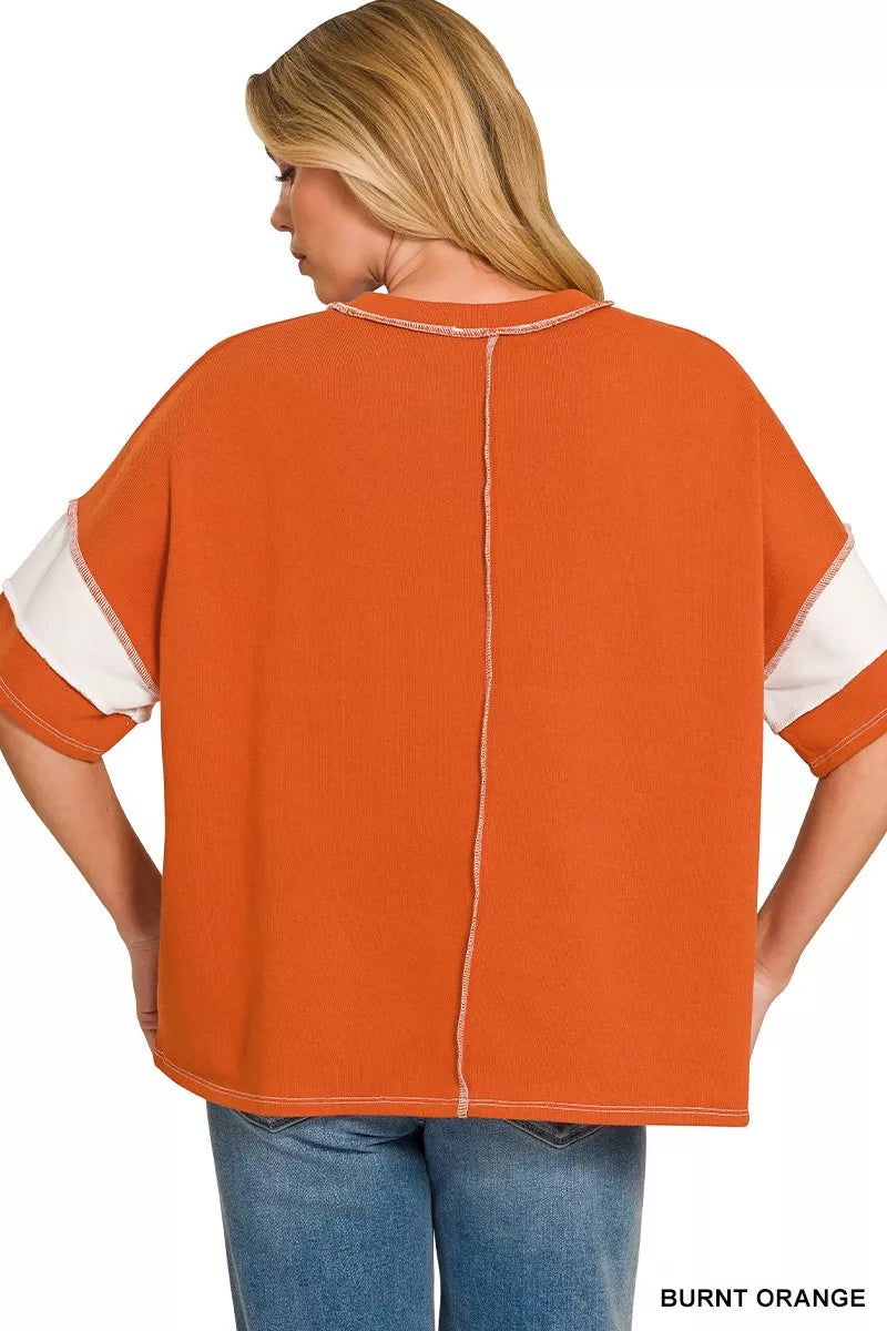 Zenana French Terry Striped Exposed Seam Top