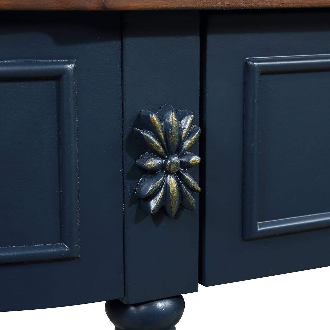 Retro Curved Wood Console Table, 52 inch Circular Half Moon Sofa Table with Open Shelf and 2 Drawers, Solid Wood Entry Table for Living Room, Hallway, Navy Blue + Brown Top