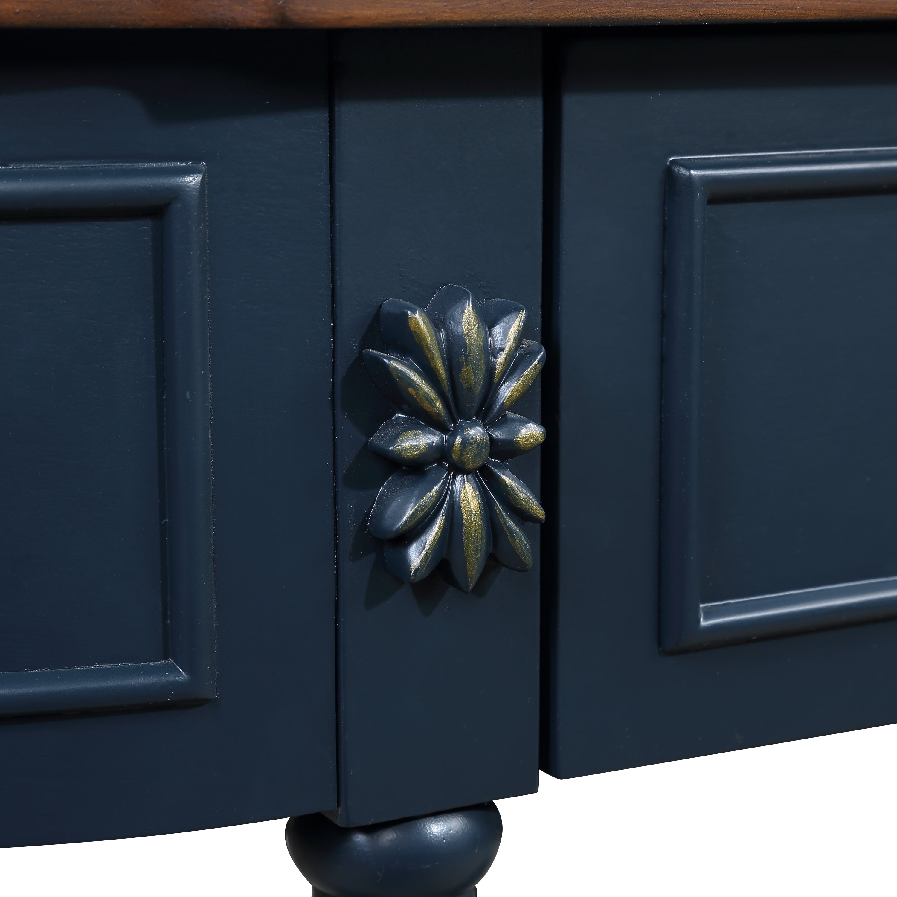 Retro Curved Wood Console Table, 52 inch Circular Half Moon Sofa Table with Open Shelf and 2 Drawers, Solid Wood Entry Table for Living Room, Hallway, Navy Blue + Brown Top