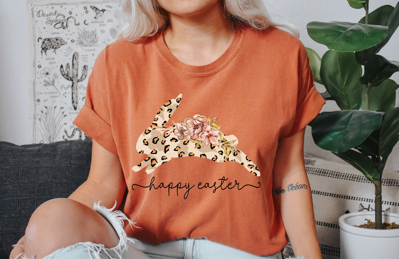 Happy Easter Leopard Print Bunny Comfort Colors Tee Seasonal Easter Theme Limited Edition