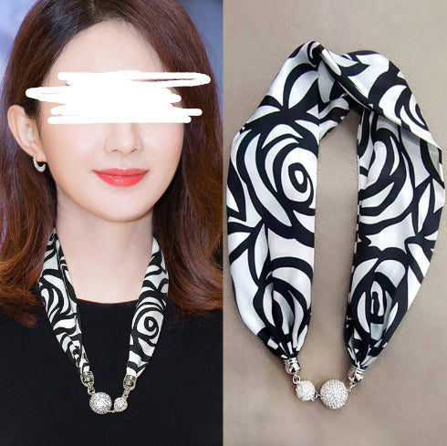 Magnetic Buckle Silk Women Scarf Pearl Necklace (See size chart where applicable)