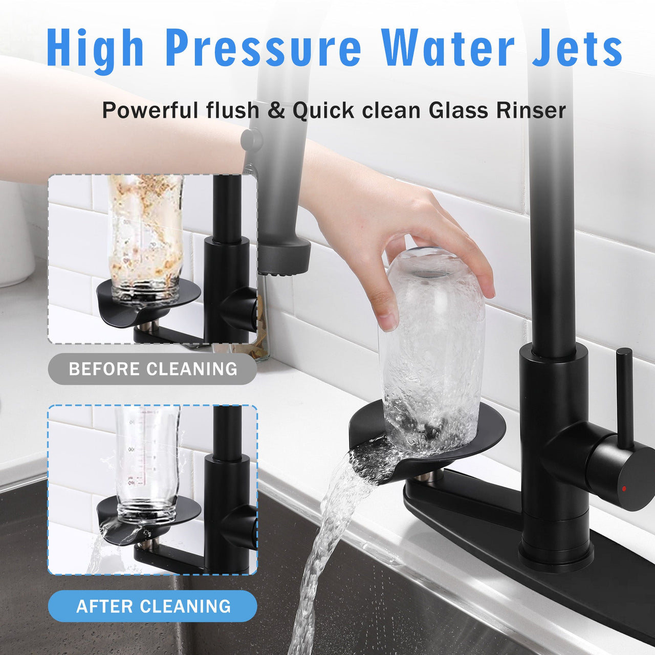 3-in-1 High-Arc Kitchen Faucet with Press-Type Glass Rinser, Pull-Down Sprayer, Matte Black Finish, Stainless Steel & ABS Construction, for Modern Sink