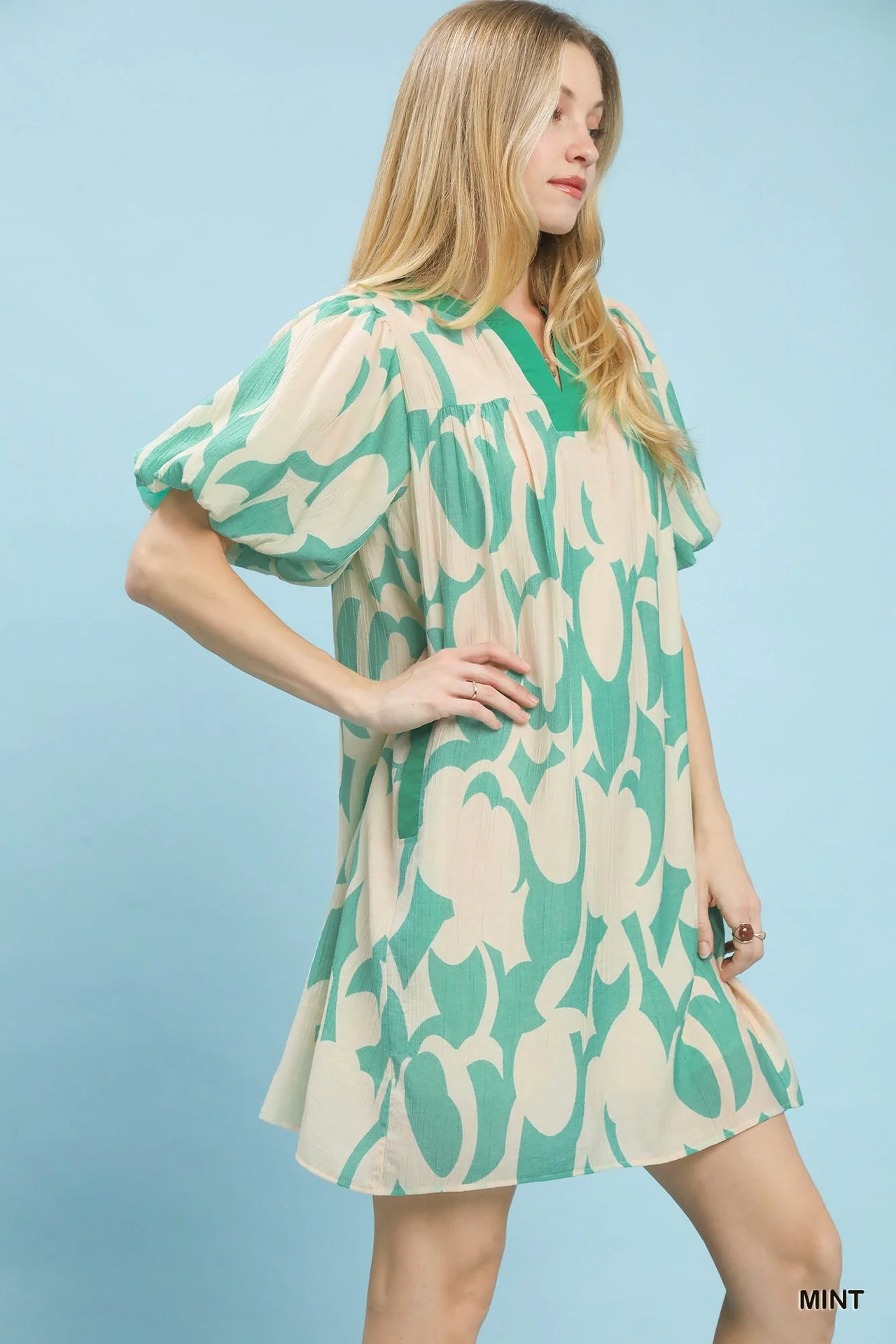 Umgee Abstract Print Puff Sleeve Shift Dress